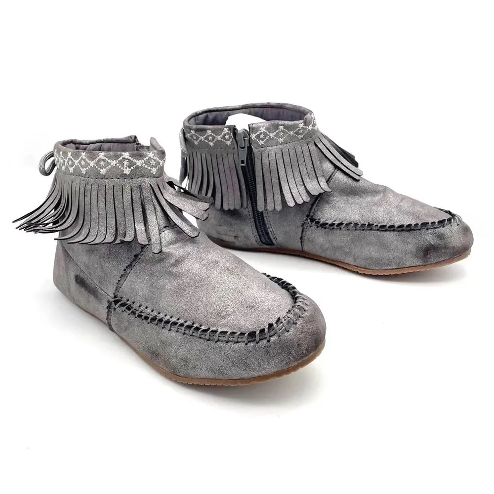 Hanna Andersson Erika Moccasin Fringed Zip Bootie Silver Metallic Girls Size 4